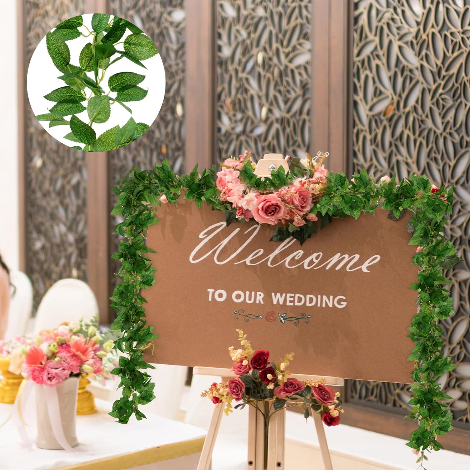 Giegxin 3 Pcs 6ft Green Artificial Silk Rose Leaf Table Garland, Hanging Greenery Vine Fake Greenery Hanging Plants Leaf Garland Decoration for Home Bedroom Wall Party Wedding Decor