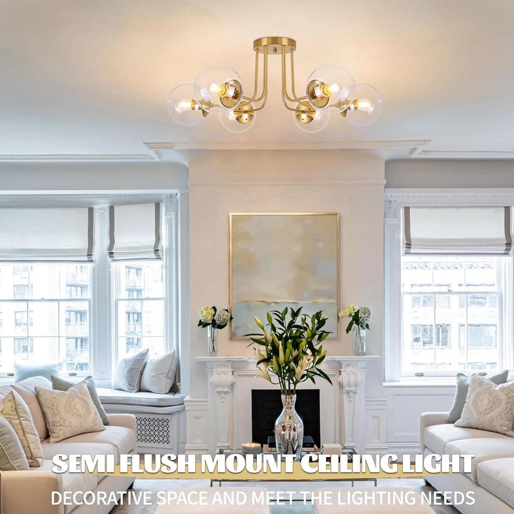 KoKo&Yukina 6-Light Mid Century Ceiling Light Modern Semi Flush Mount Ceiling Light Fixture Globe Ceiling Light with Clear Glass Shade Brushed Brass Finish for Bedroom Hallway Dining Room Living Room