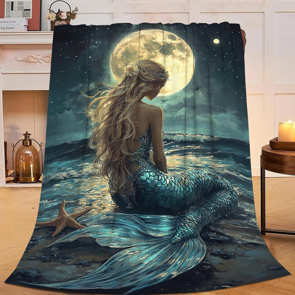 Mermaid Throw Blanket Beach Moon Night Mermaid Stuff Gifts for Kids Girls Boys Adults Women Men Soft Cozy Warm Plush Fluffy Fuzzy Fleece Blanket Decor 50''X60''