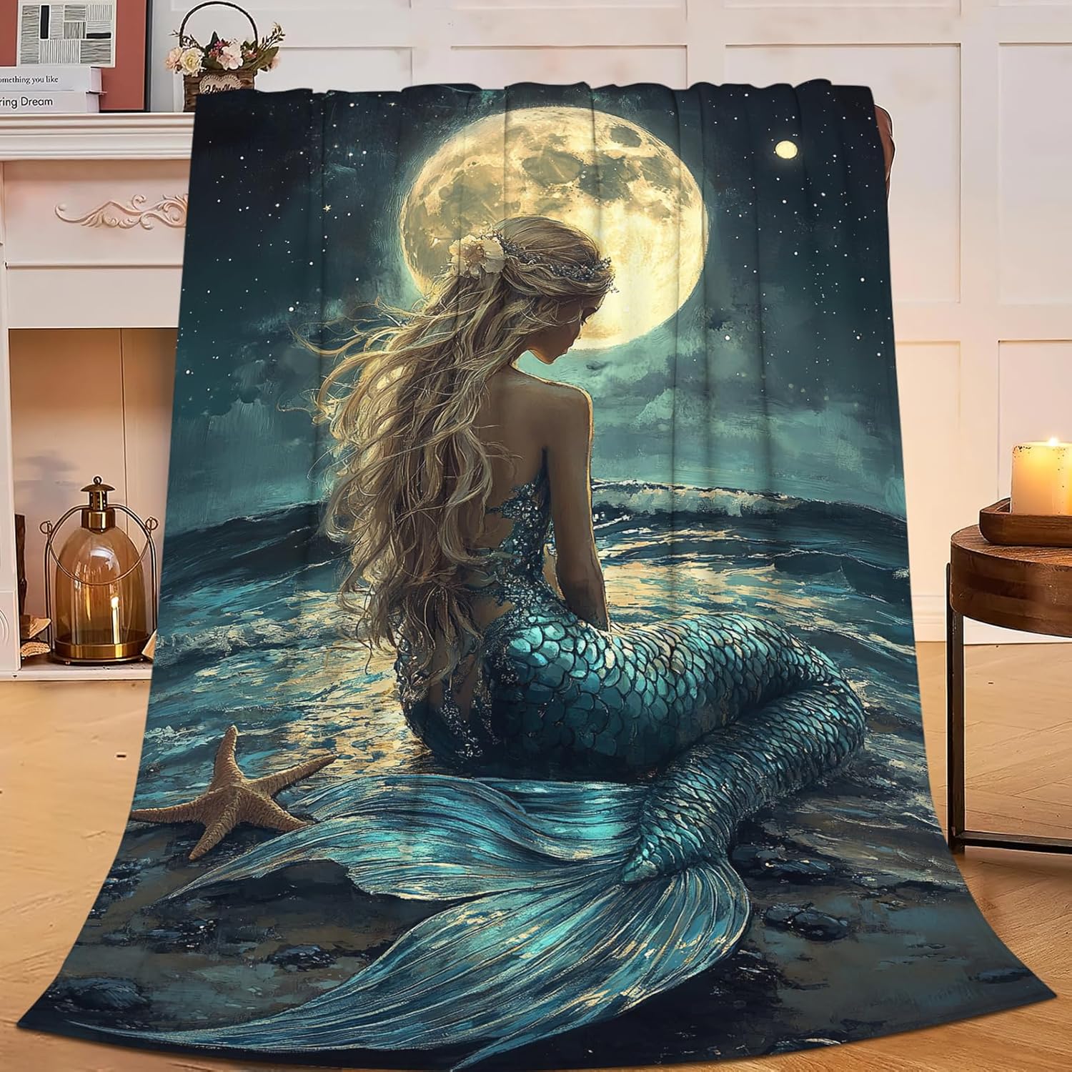 Mermaid Throw Blanket Beach Moon Night Mermaid Stuff Gifts for Kids Girls Boys Adults Women Men Soft Cozy Warm Plush Fluffy Fuzzy Fleece Blanket Decor 50''X60''