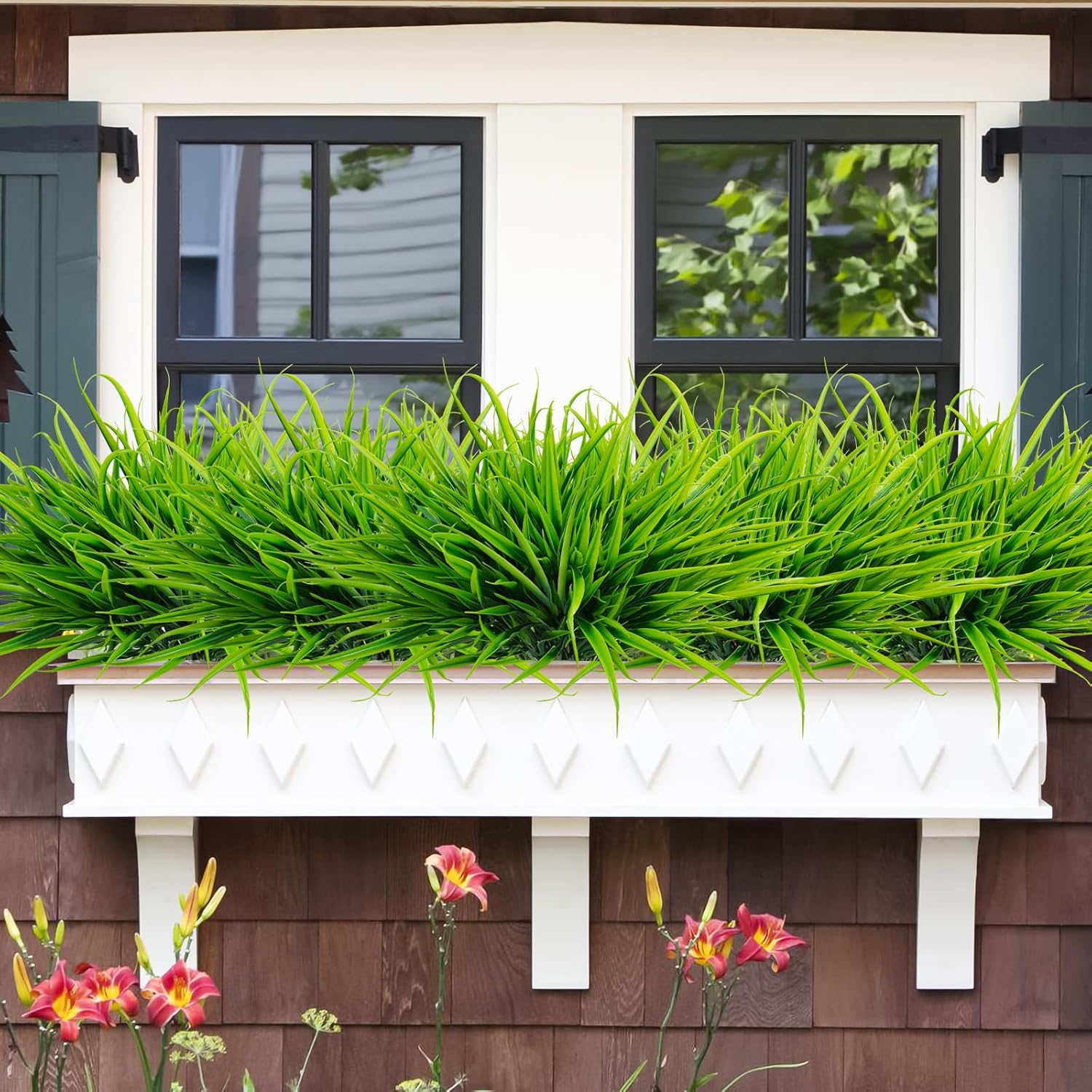 Uieke 12 Bundles Artificial Outdoor Plants UV Resistant Fake Grass Plants Faux Plastic Plants Greenery Shrubs for Home Garden Pathway Window Box Front Porch Spring Summer Decor, Green