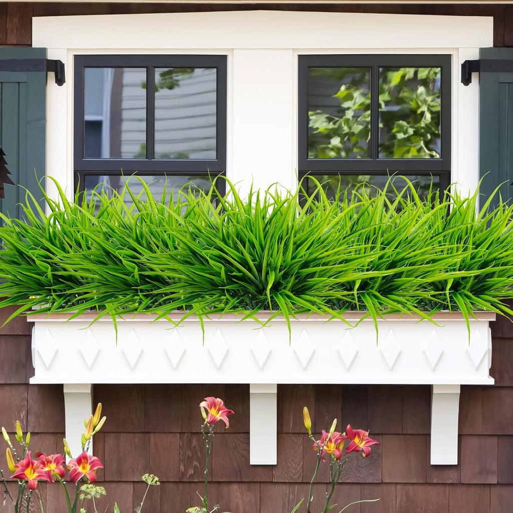 Uieke 28 Bundles Artificial Outdoor Plants UV Resistant Fake Grass Plants Faux Plastic Plants Greenery Shrubs for Home Garden Pathway Window Box Front Porch Spring Summer Decor, Green