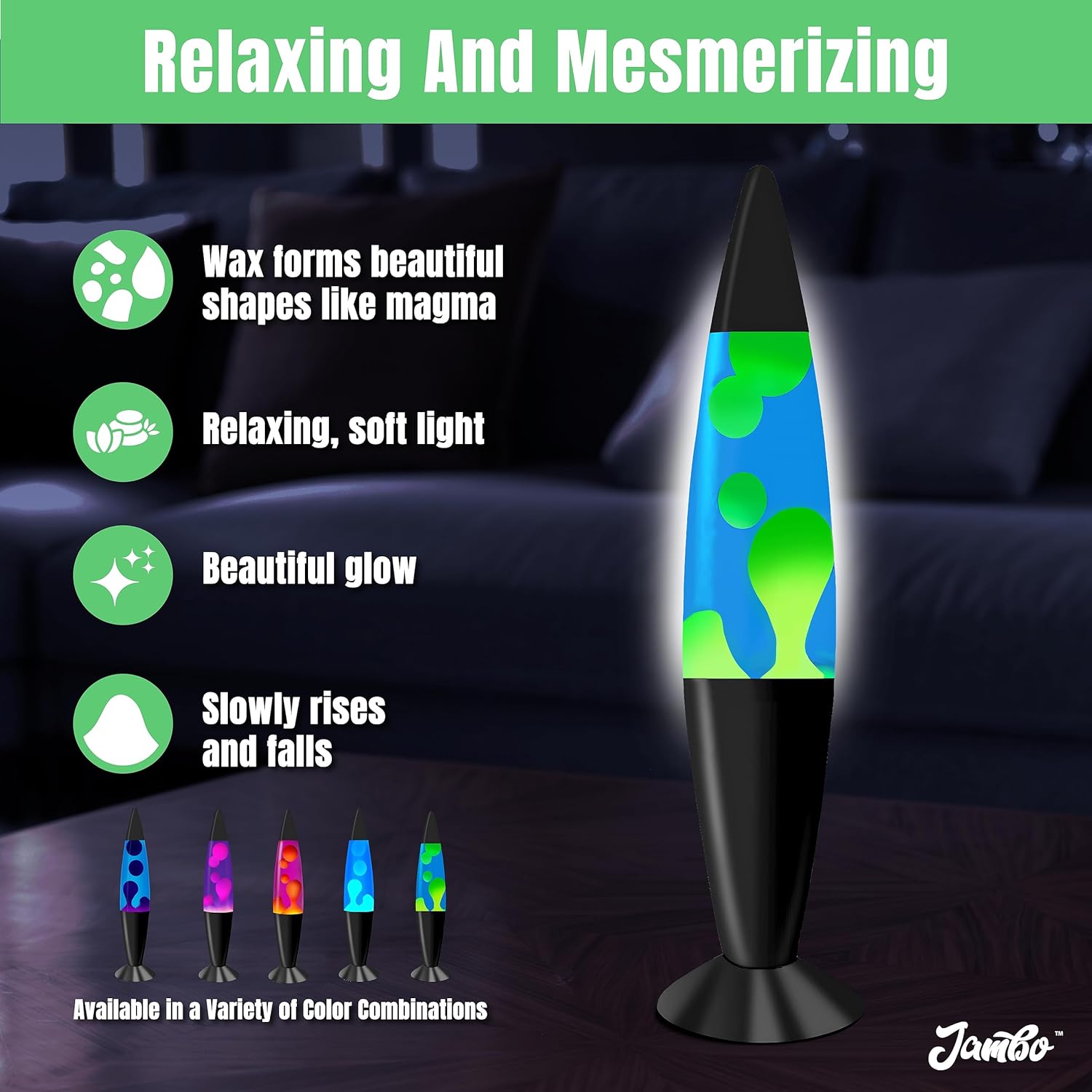 JAMBO 16" Beautiful Lamp- Blue with Yellow/Green Wax, Relaxing Liquid Lamp for Living Room Office Bedroom Adults Teens Kids, Magma Light, Night Light Nightlight, Home Decor