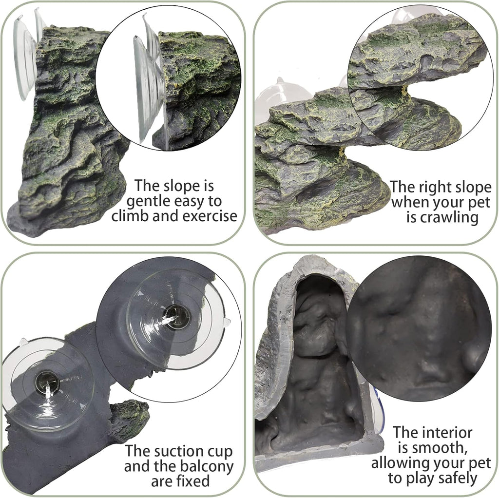 Turtle Basking Platform Reptile Climbing Shale Resin Step Ledge Stone Aquarium Ornament Rock Landscaping Decoration with Suction Cups for Frogs Newts Amphibians Lizard (Medium:8.2”Lx3.3”Wx3.1”H)