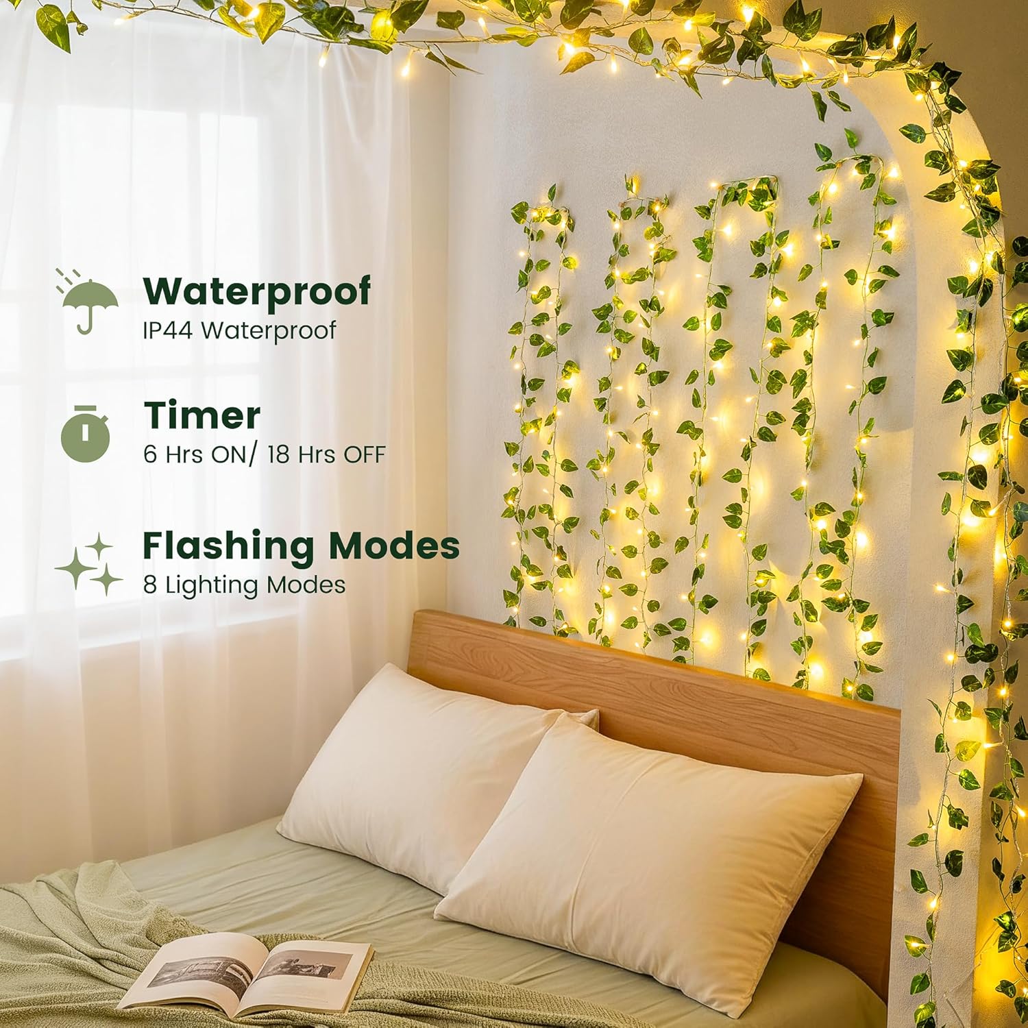 HEYFUNi Vines with Lights, 23 Ft 73 Led Faux Pothos String Lights Plug in, Leaf Lights for Bedroom, Wall, Balcony, Wedding Decor, Warm White