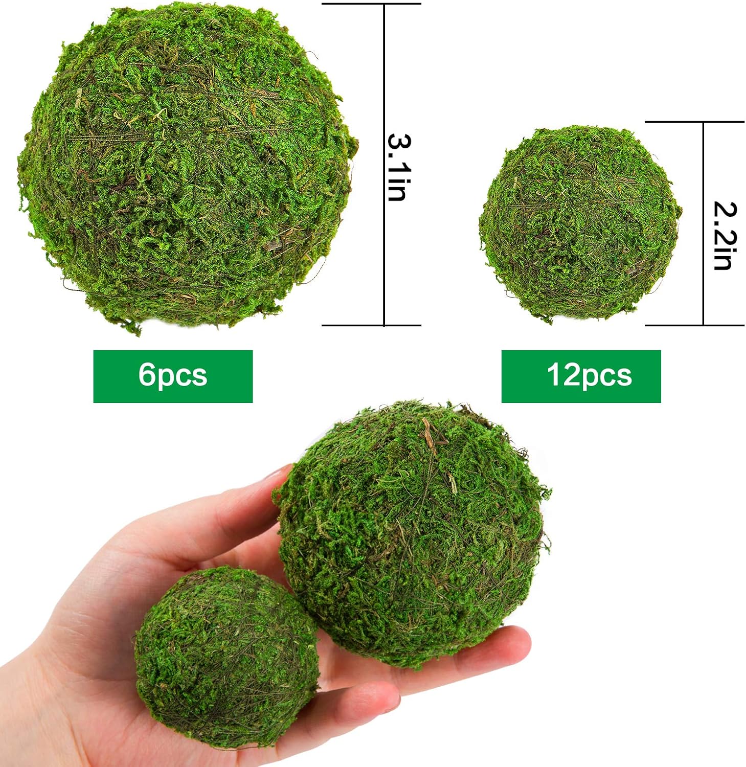 Biubee 18 Pack Decorative Faux Dried Moss Balls- 6pcs 3.1" Artificial Green Plant Mossy Globes+ 12pcs 2.2" Handmade Sphere Moss Gift for Home Dough Bowl Vase Chinoiserie Decors Party Wedding Display