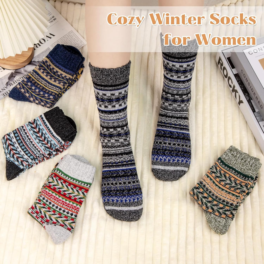 Justay 5 Pairs Wool Socks for Women - Winter Thick Boot Cozy Crew Vintage Soft Calf Knit Warm Socks Gifts