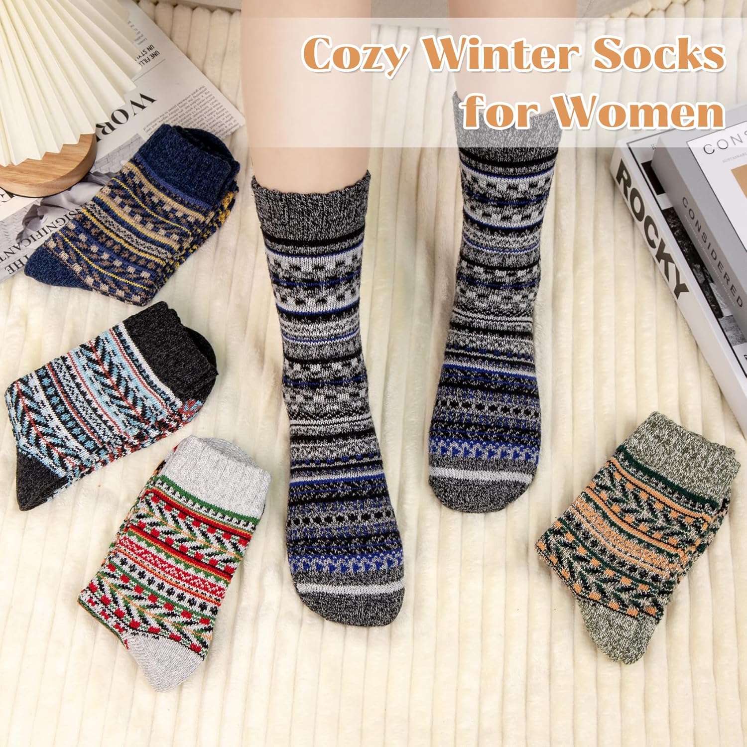 Justay 5 Pairs Wool Socks for Women - Winter Thick Boot Cozy Crew Vintage Soft Calf Knit Warm Socks Gifts