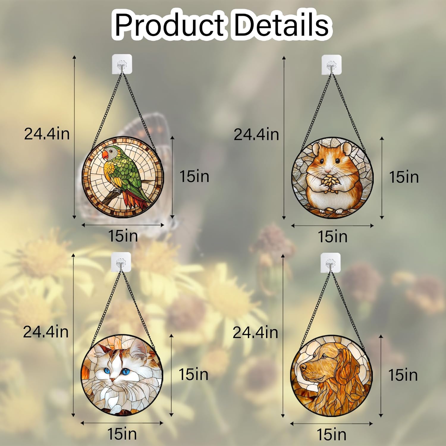 Stained Glass Window Hanging 4 Pcs Set Cute Cat and Dog Large 15" - Animal Suncatcher Door Garden Sun Catcher Decor Birthday Mother's Day for Mom Woman Nana Girl Boy Friend