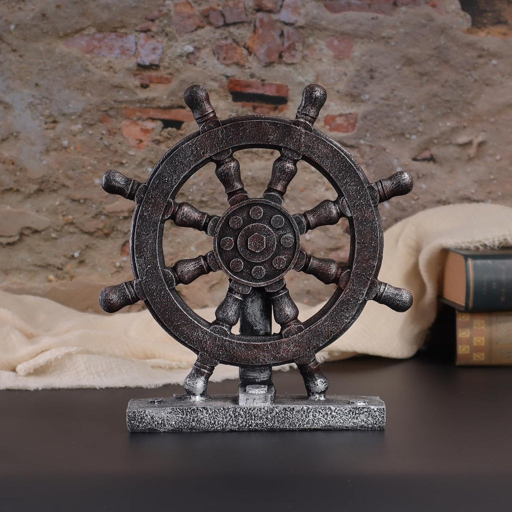 Ship Steering Wheel Boat Sculpture Decor Nautical Rudder Figurine Resin Handicraft Statue Model for Bookshelf Desktop Ornaments Home Decoration
