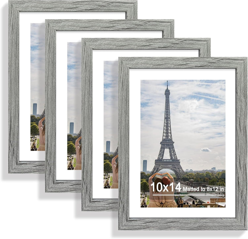 10x14 Picture Frame Set of 4, Made of Glass and Grey Wooden Frame, Display 8x12 Pictures with Mat or 30 x 40cm Diamond Painting Art without Mat for Wall Mounting, Gallery Photo Frames