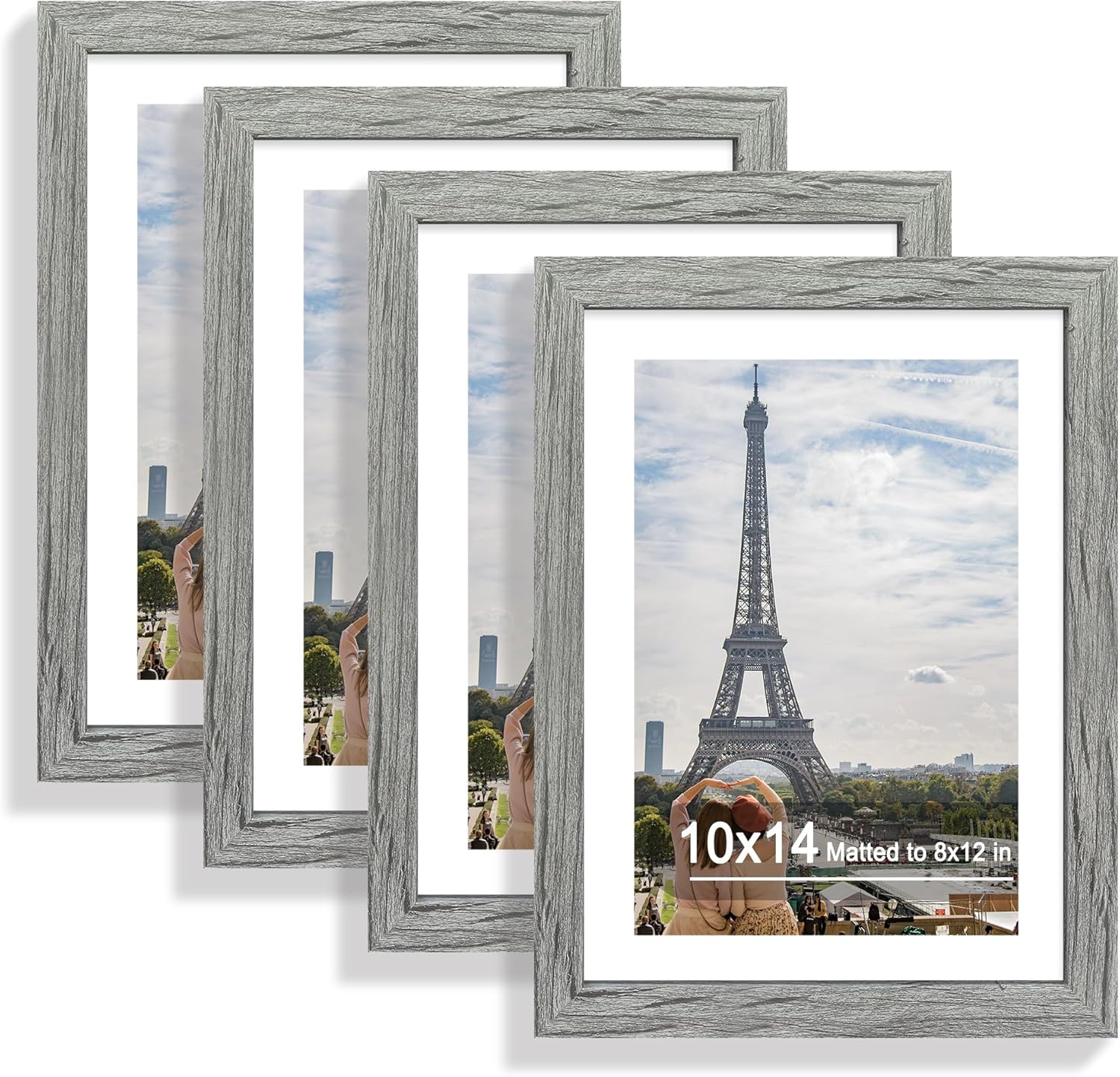 10x14 Picture Frame Set of 4, Made of Glass and Grey Wooden Frame, Display 8x12 Pictures with Mat or 30 x 40cm Diamond Painting Art without Mat for Wall Mounting, Gallery Photo Frames