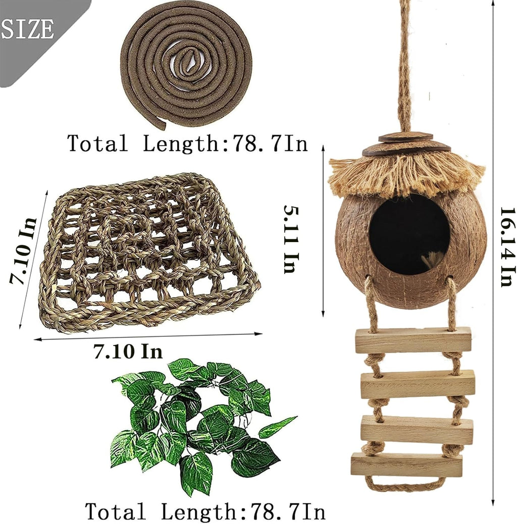 Gecko Tank Accessories,Grested Gecko Coconut Hideout Hut with Ladder Reptile Hanging Plants Climbing Bearded Dragon Hammock Flexible Jungle Vine Leaves Terrarium Decor