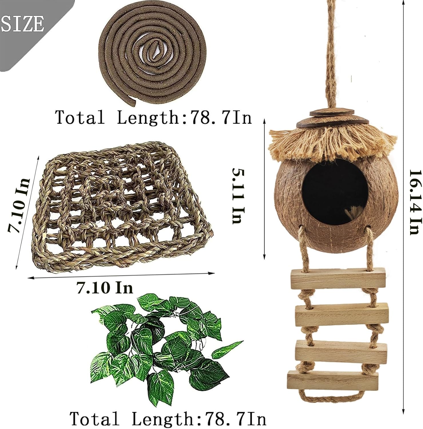 Gecko Tank Accessories,Grested Gecko Coconut Hideout Hut with Ladder Reptile Hanging Plants Climbing Bearded Dragon Hammock Flexible Jungle Vine Leaves Terrarium Decor
