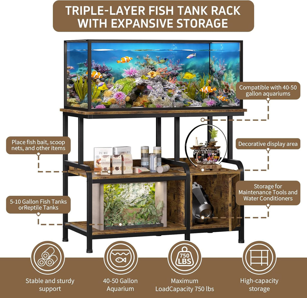 40-50 Gallon Fish Tank Stand，750 lbs Capacity Aquarium Stand，Heavy-Duty 3-Level Reptile Stand with Built-in Storage，36.8×15.7×31.5" Steel Terrarium Stand，Retro Brown