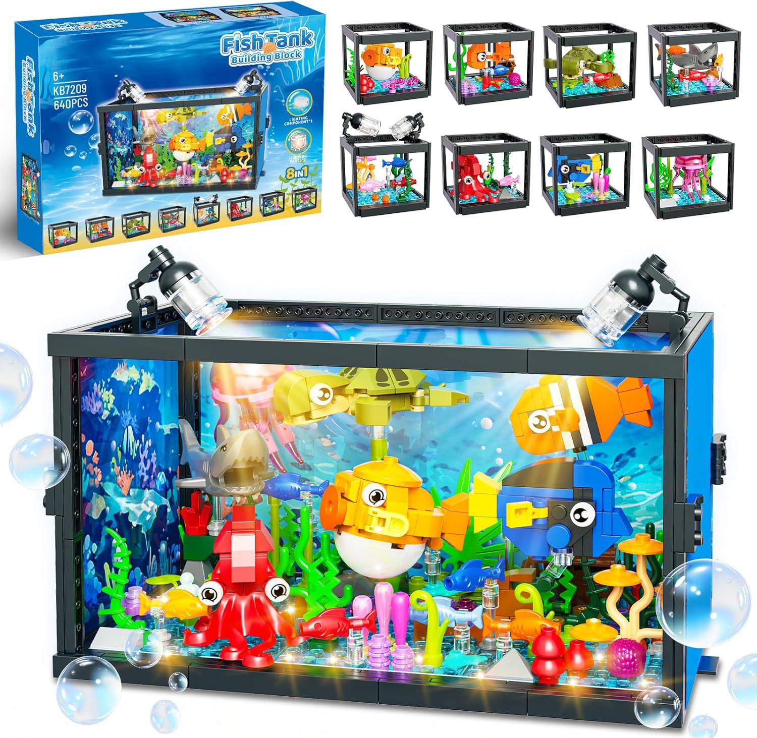 8 in 1 Aquarium Building Sets with Light, Compatible with Lego Fish Tank Building Kits Including Sharks, Turtles, Octopus, Sea Animal Party Favor Toys for Boys Girls Kids Aged 8-12, 640PCS