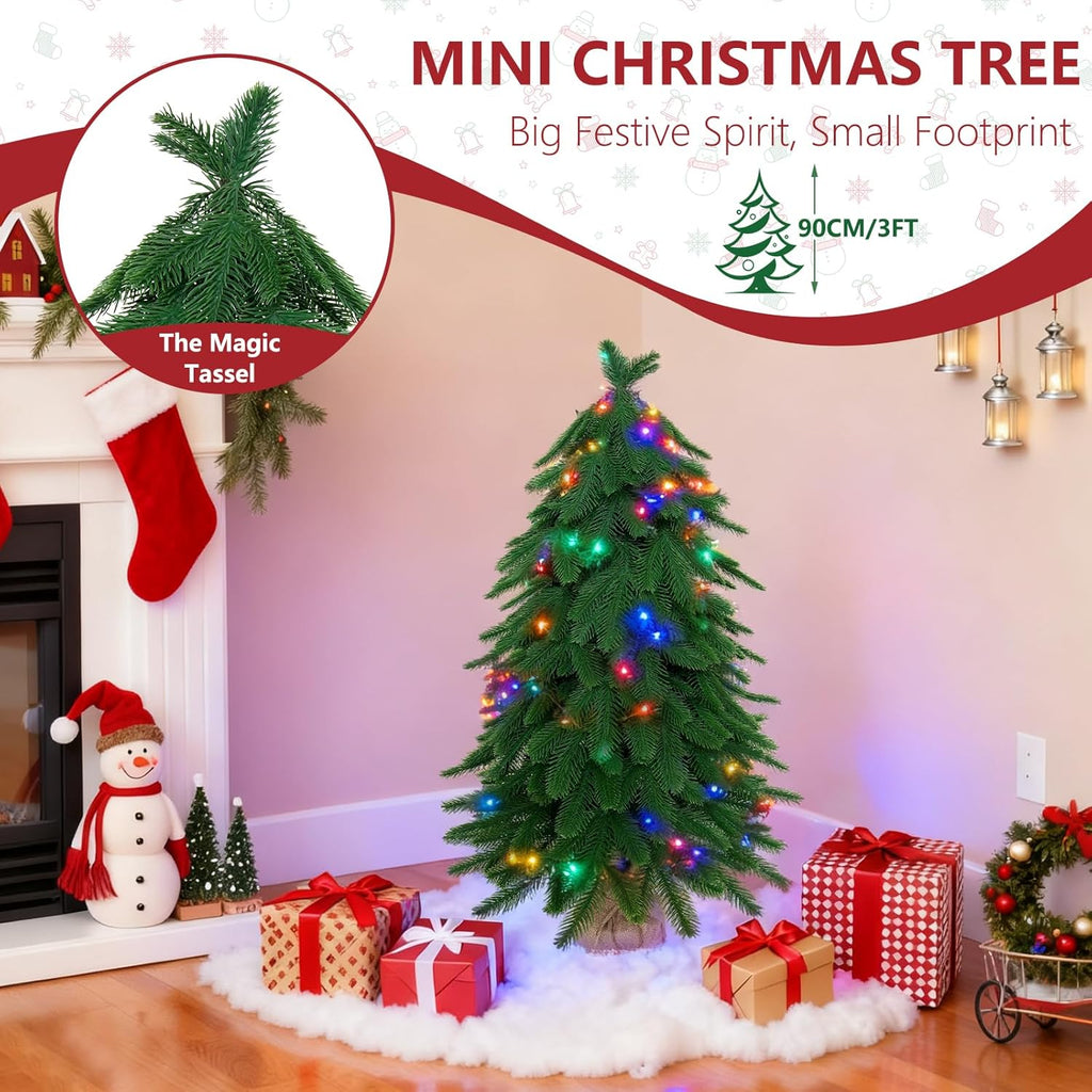 3FT Small Mini Christmas Tree for Tabletop, 1PC Artificial Desktop Christmas Tree with Norfolk Pine Top Design, Small Xmas Tree with Burlap Base for Table Desk Home Christmas Decor