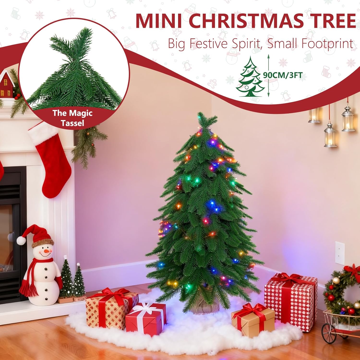 3FT Small Mini Christmas Tree for Tabletop, 1PC Artificial Desktop Christmas Tree with Norfolk Pine Top Design, Small Xmas Tree with Burlap Base for Table Desk Home Christmas Decor