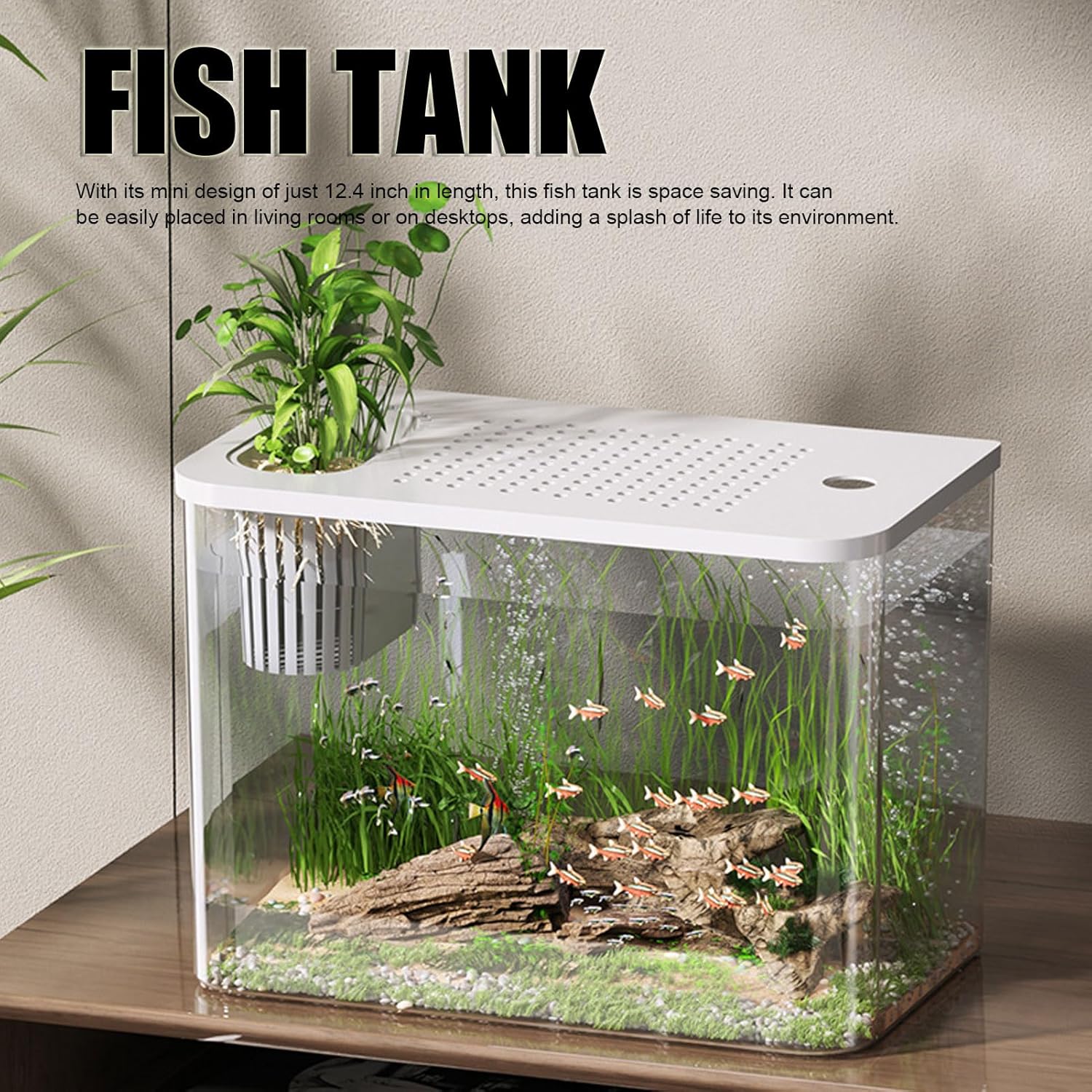 Small Fish Tank Plastic Clear Ecological Desktop Aquarium Miniature Design Space Saving for Goldfish Shrimp Betta Fish Turtle Living Room Desktop 12.4 Inch (White)