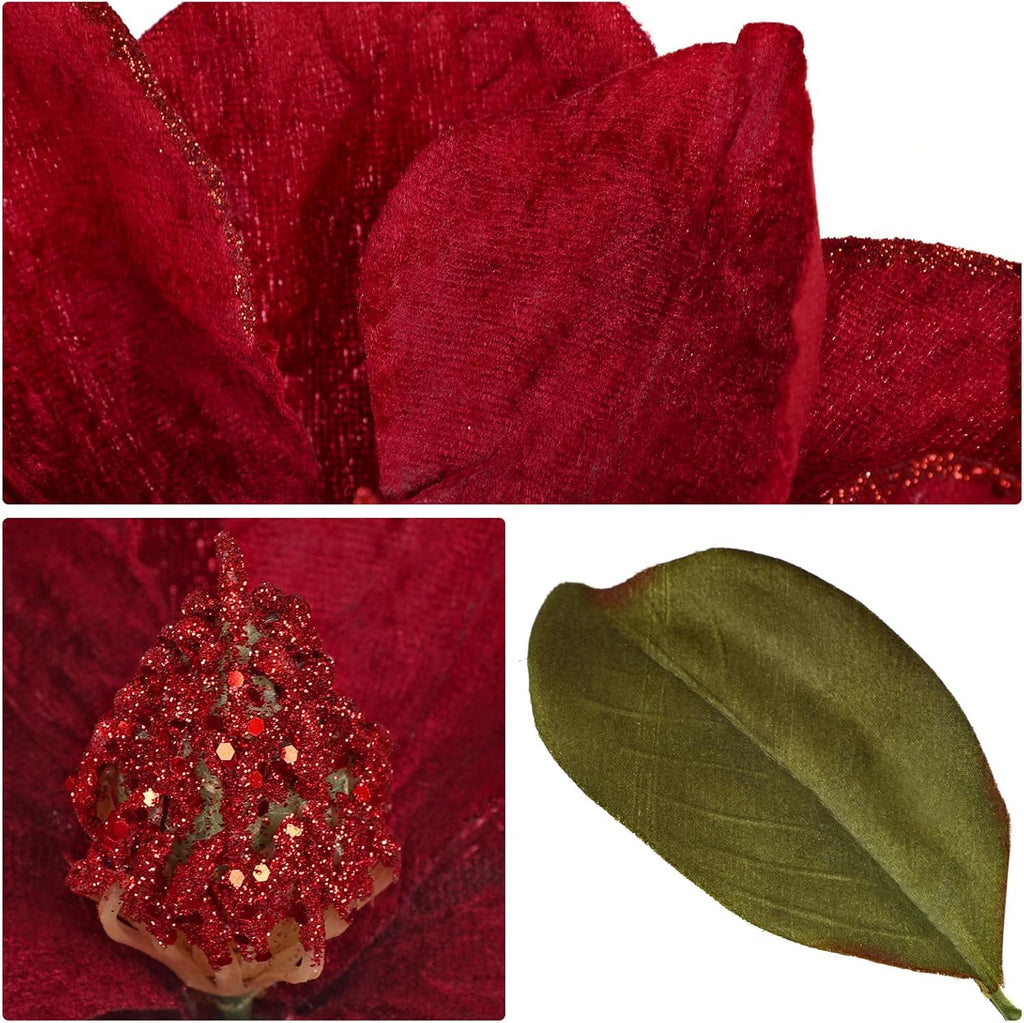 Briful Set of 3 Artificial Christmas Magnolias Flowers – 30’’ Long Stem Faux Magnolia Stems for Tree Ornaments, Holiday Centerpieces & Christmas Decor,Dark Red