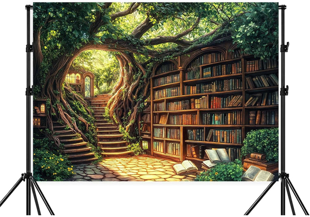 10X6 Forest Fairy Enchanted Library Backdrop Magical Woodland Bookshelf Green Garden for Photography Magic Nature Party Birthday Baby Shower Photo Shoots Decor Props