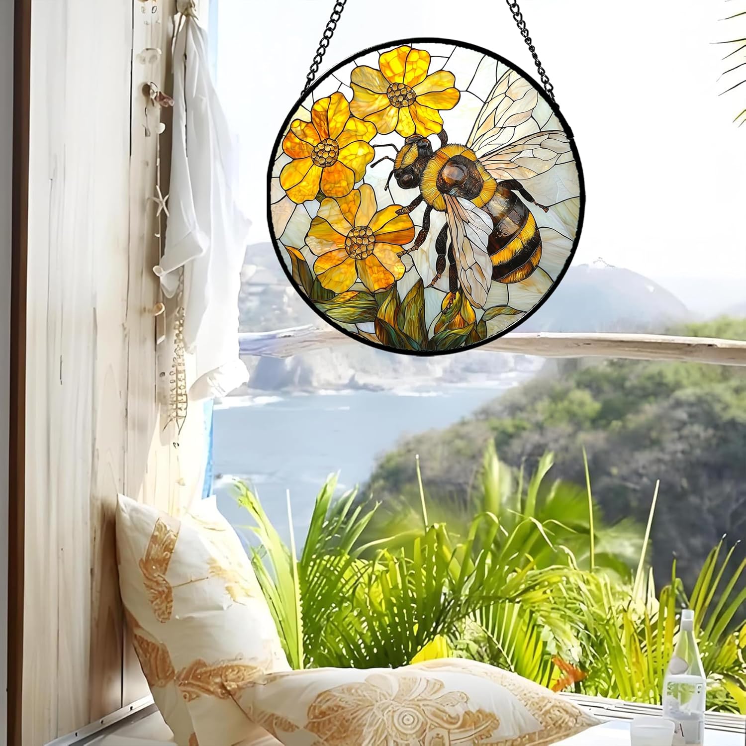 Stained Glass Window Hanging - Yellow Bees Gathering Flowers Sun Catcher for Door Garden Home Decor Cute Suncatcher Christmas Mother's Day Birthday Gifts for Women Men Mom Nana 9.8 in