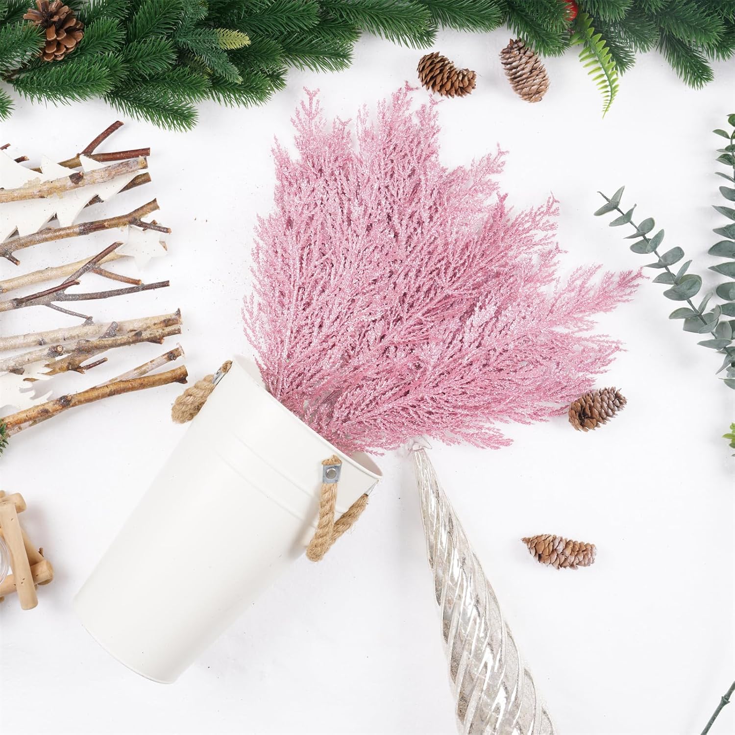 Christmas Glitter Stems 24pcs Artificial Pine Tree Picks for Christmas Tree Ornaments fillers, DIY Xmas Wreath, Crafts, Garland, Holiday, Party, Wedding and Home Decoration (Pink)