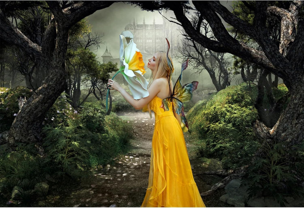 Renaiss Enchanted Forest Backdrop Fabric Green Medieval Smoky Jungle Forest Wonderland Fairy Tale Adventure Photography Background for Kids Fairytale Theme Party Decorations Photo Prop 5x3ft