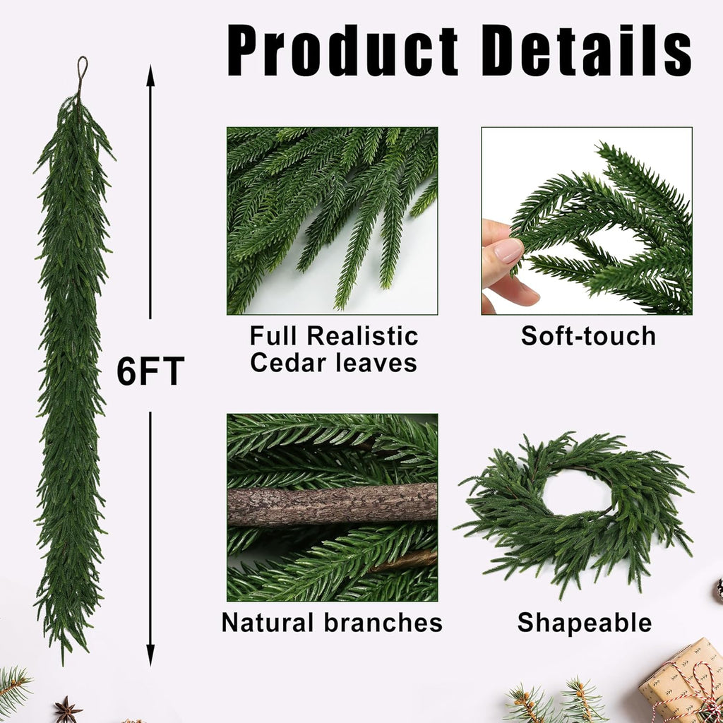 Realistic Christmas Garland Pine Garland Real Touch Green Artificial Greenery Garland Artificial Pine Garlands,for Table Mantle Wall Indoor Outdoor Christmas All-Season Decorations-6FT