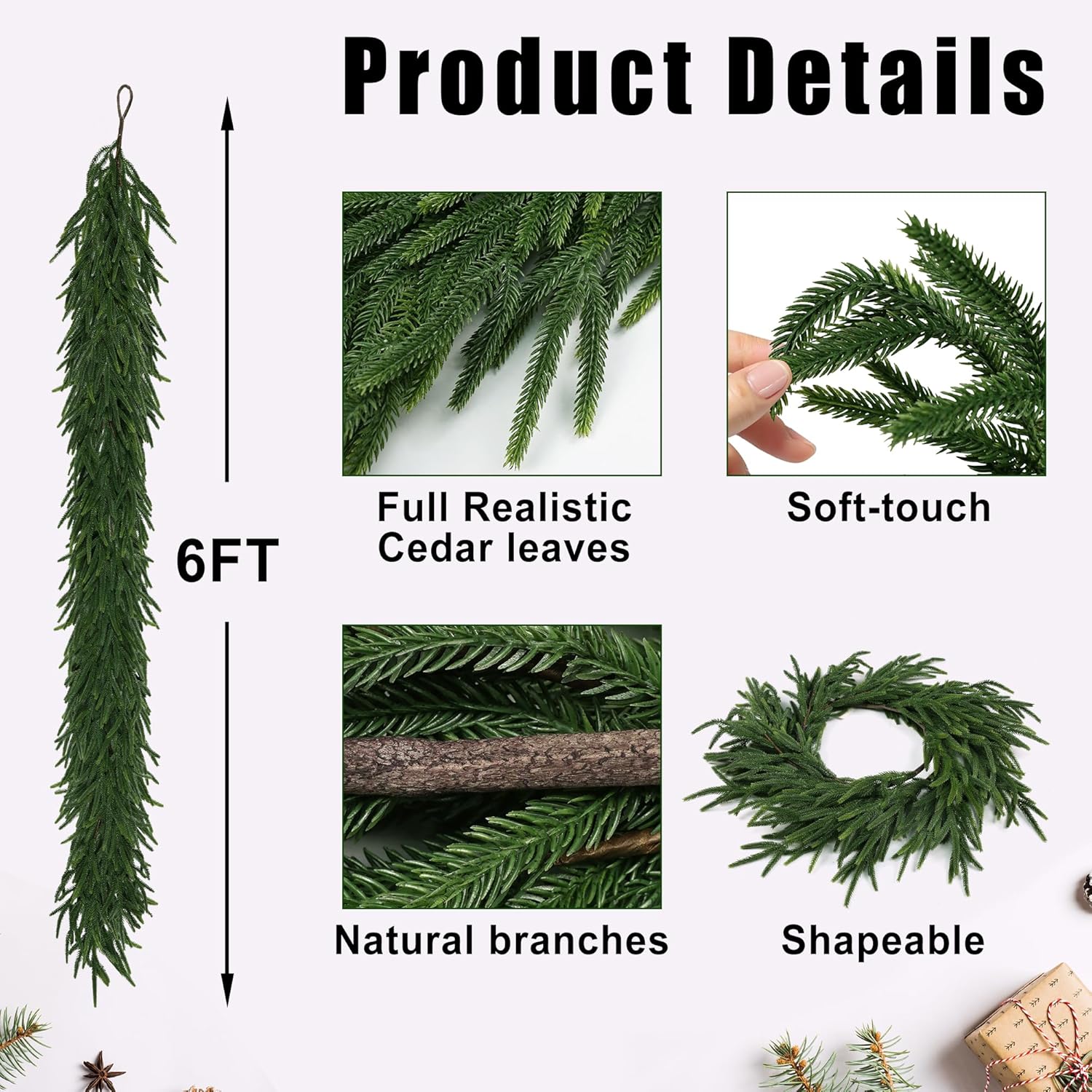 Realistic Christmas Garland Pine Garland Real Touch Green Artificial Greenery Garland Artificial Pine Garlands,for Table Mantle Wall Indoor Outdoor Christmas All-Season Decorations-6FT