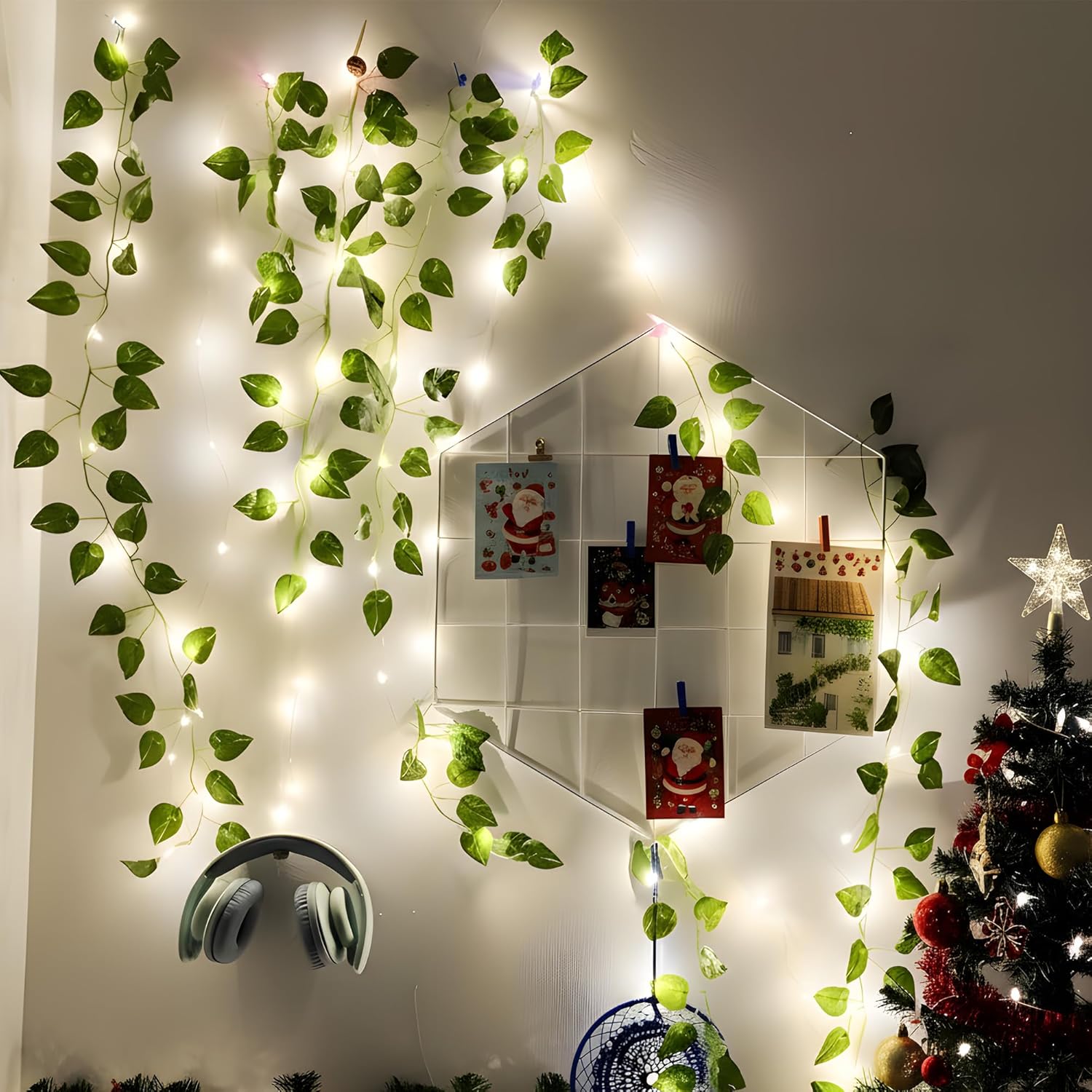 Vine Fairy Lights for Bedroom Wall, 23FT 73 LED Vine String Lights, USB/Battery Powered, Faux Pothos Garland with Light for Dorm Room, Wedding, Party & Home Decor, Warm White