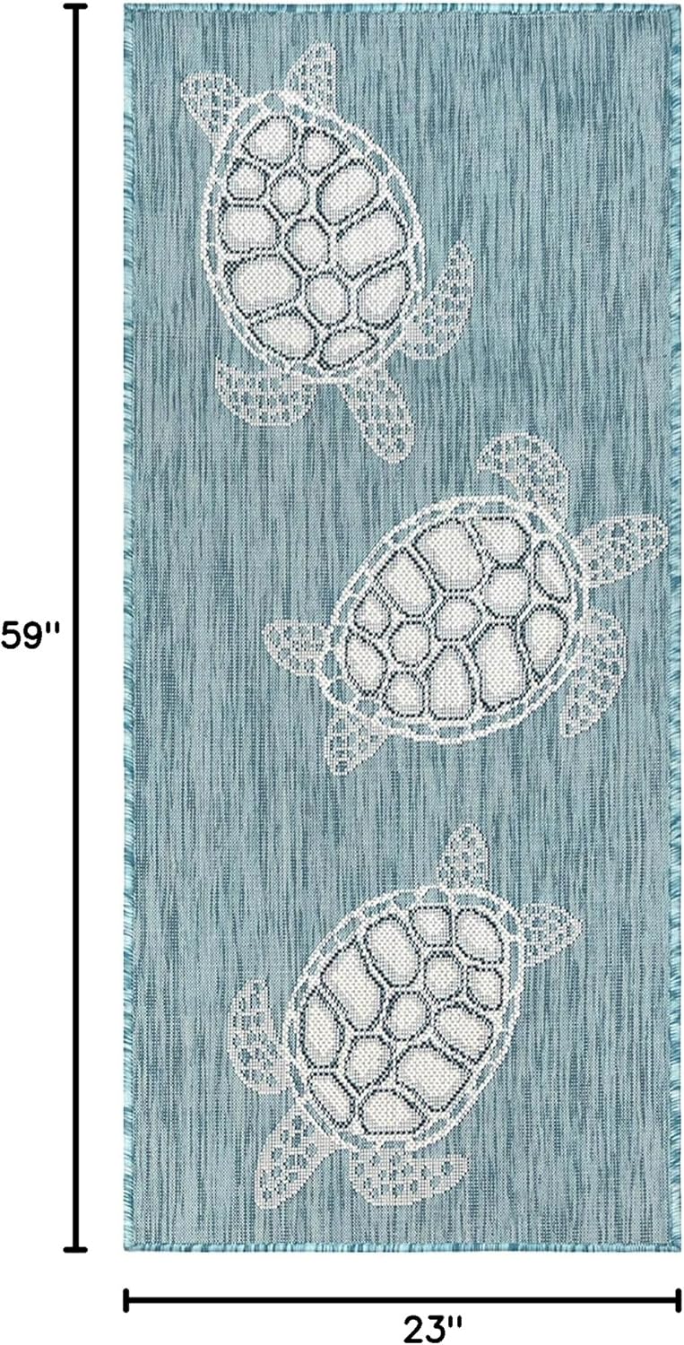 Liora Manne Carmel Indoor/Outdoor Power Loomed Synthetic Blend Low Profile Area Rug - Transitional Coastal Turtle Decorative (Seaturtles Aqua) (1'11" x 4'11")