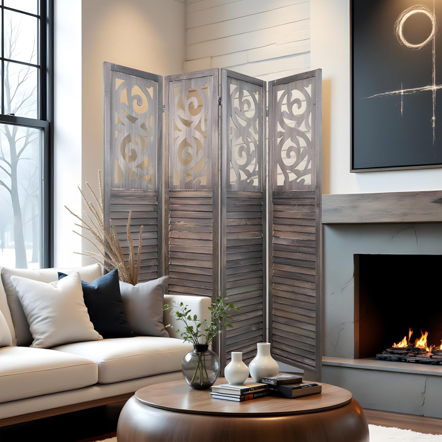 4 Panel Room Dividers 6FT Wall Divider Carved Wood Room Separator Folding Privacy Screens Cutout Design Foldable Partition Wall for Office Restaurant, Studio Apartment, Rustic Brown
