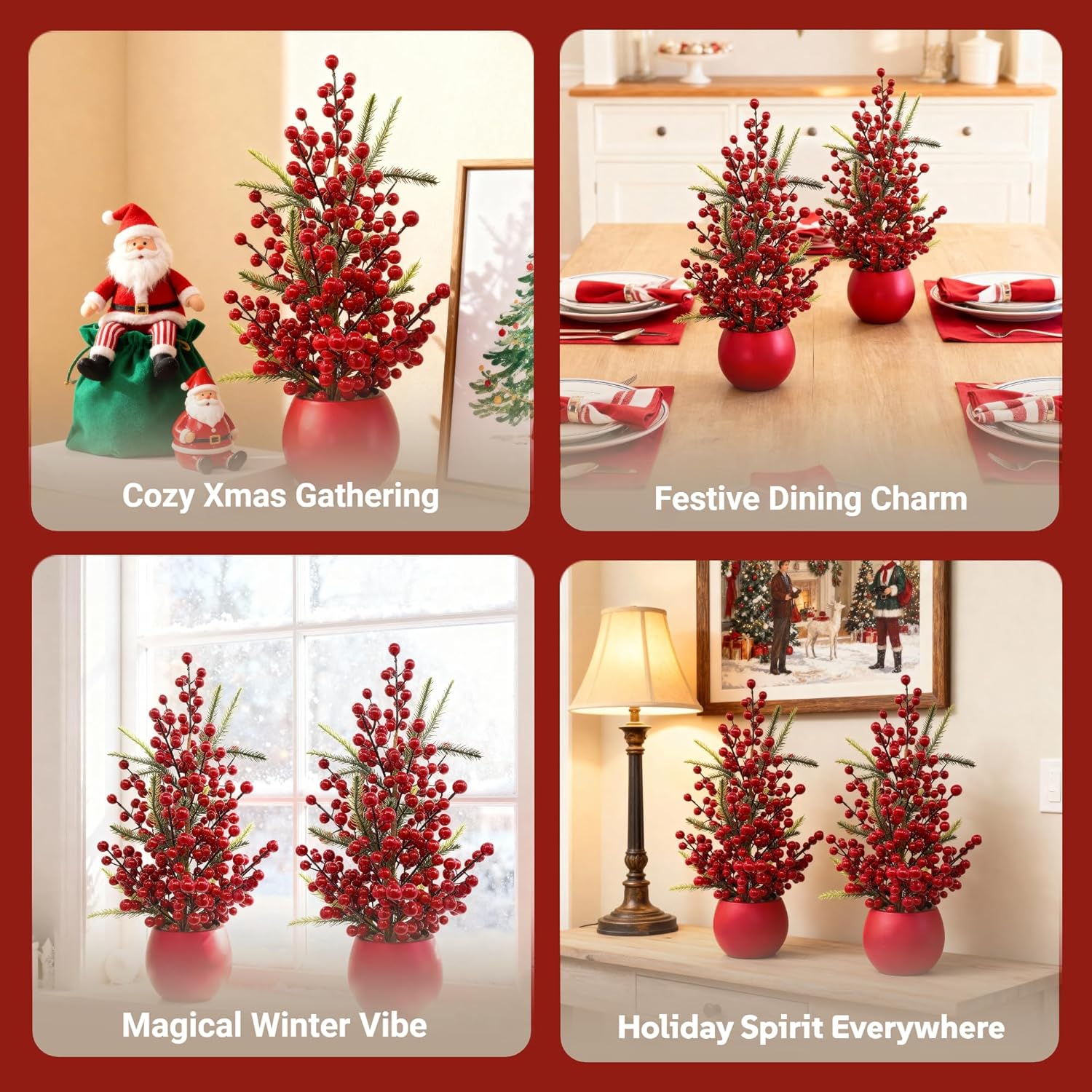 Set of 2 Small Artificial Christmas Berry Trees, 19 Inch Tabletop Holiday Decorations – Red Berry & Pine Mini Christmas Trees with Decorative Pot for Home, Office, Fireplace, Dining Table Winter Décor
