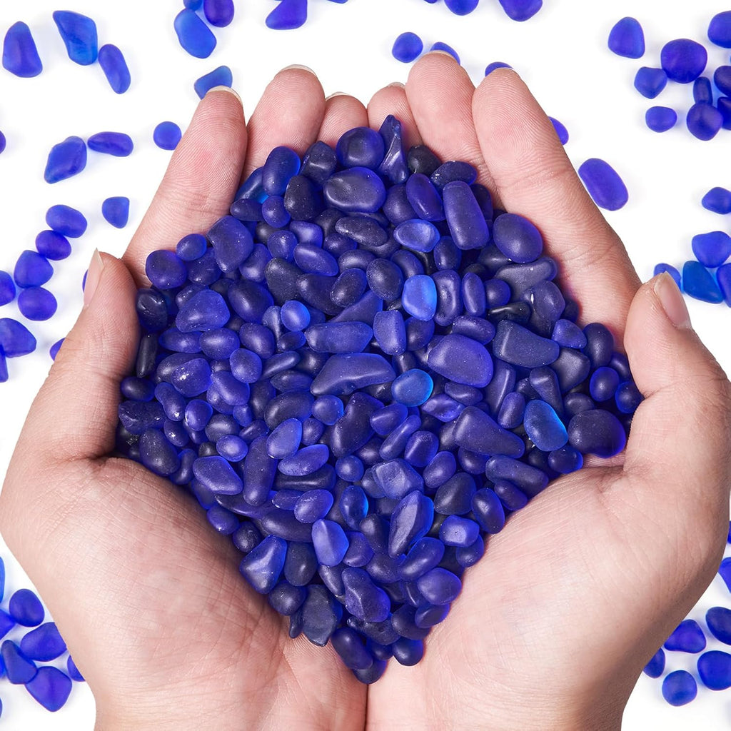 QEQEKAKA Sea Glass Stones for Crafts About 1LB (405g/14.28oz) Glass Pebbles Gemstones Bulk for Beaching Wedding DIY Decoration Aquarium Turtle Tank Vase Filler (Dark Blue)