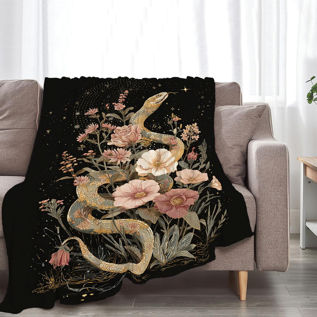 Golden Snake Blanket Fantasy Floral Reptiles Throw Blankets Gifts for Girls Boys Kids Snake Lover Soft Cozy Fleece Plush for Couch Sofa Bed 60"x50"