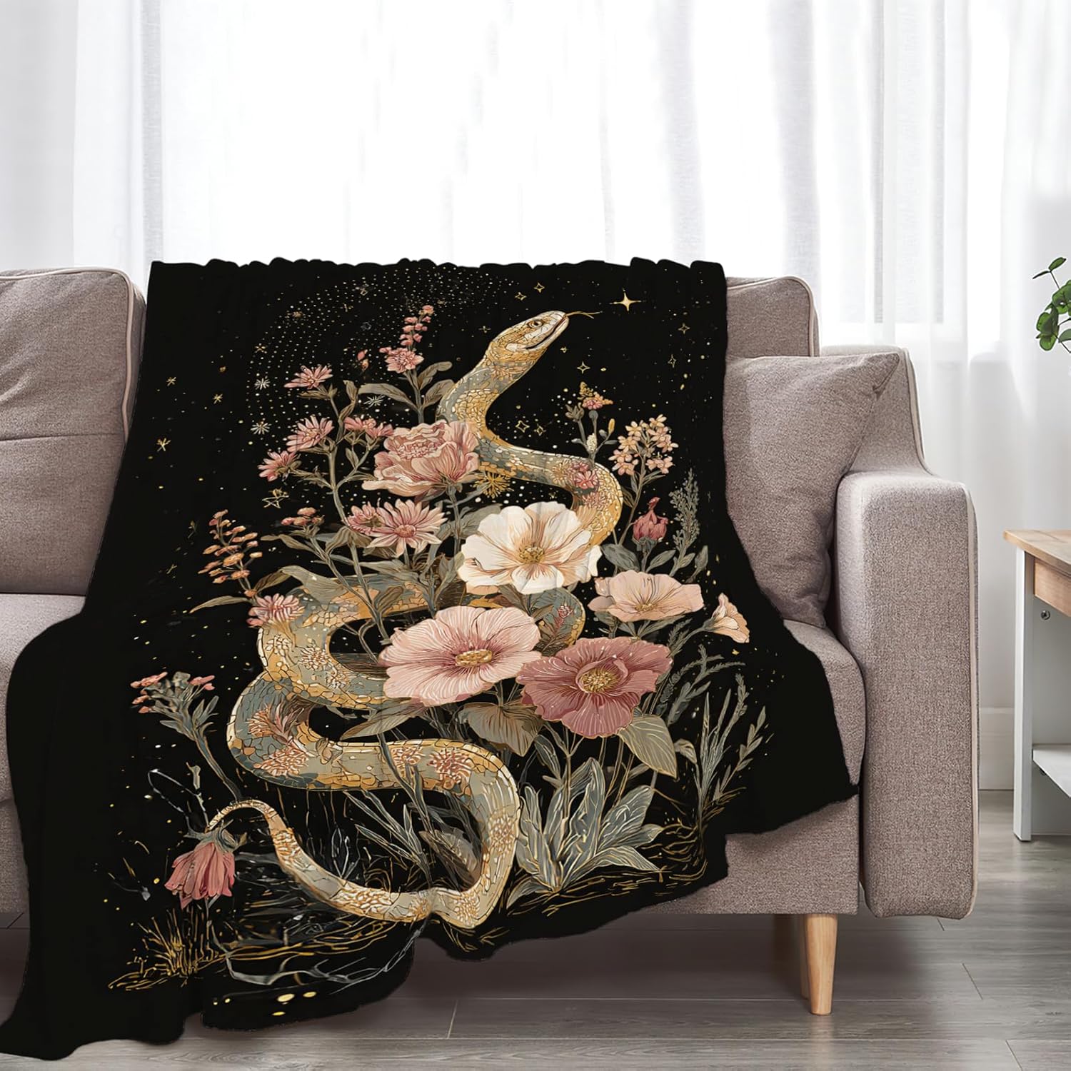 Golden Snake Blanket Fantasy Floral Reptiles Throw Blankets Gifts for Girls Boys Kids Snake Lover Soft Cozy Fleece Plush for Couch Sofa Bed 50"x40"