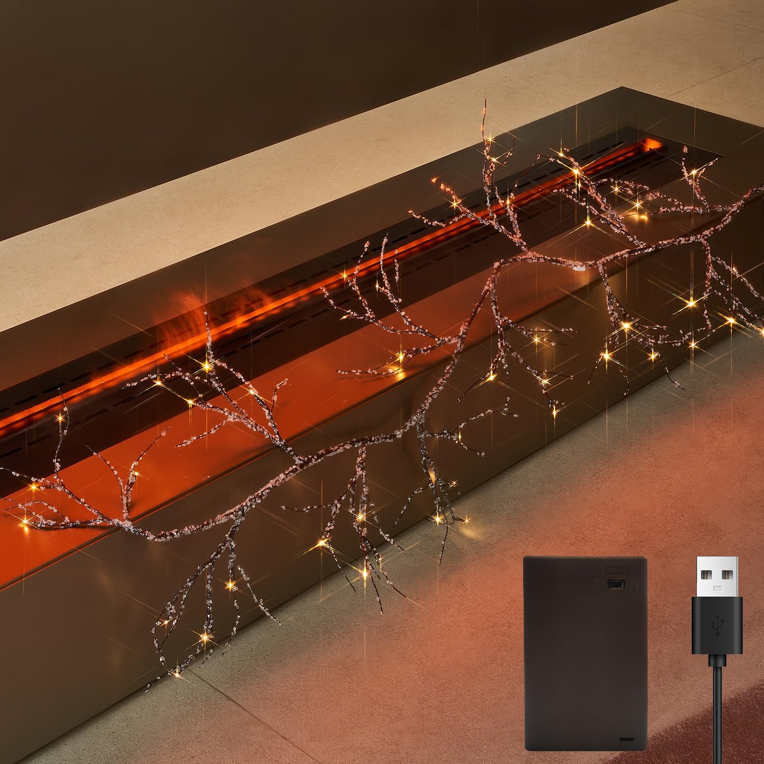 Fudios Lighted Iced Garland with Timer 48 LED Fairy Lights 6ft Battery or USB Plug for Mantle Decor, Lit Christmas Brown Twig Garland Winter Home Holiday Indoor Use