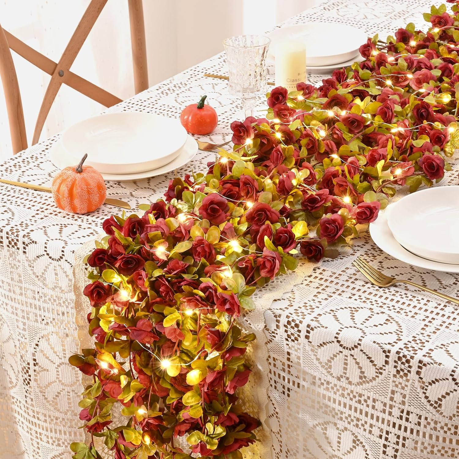 BLEUM CADE 5Pcs 41Ft Flowers Garland Artificial Rose Vines with 32.8Ft String Lights, Cute Fake Hanging Flower Vines Floral Garland Decorations for Wedding Party Wall Room Decor Aesthetic