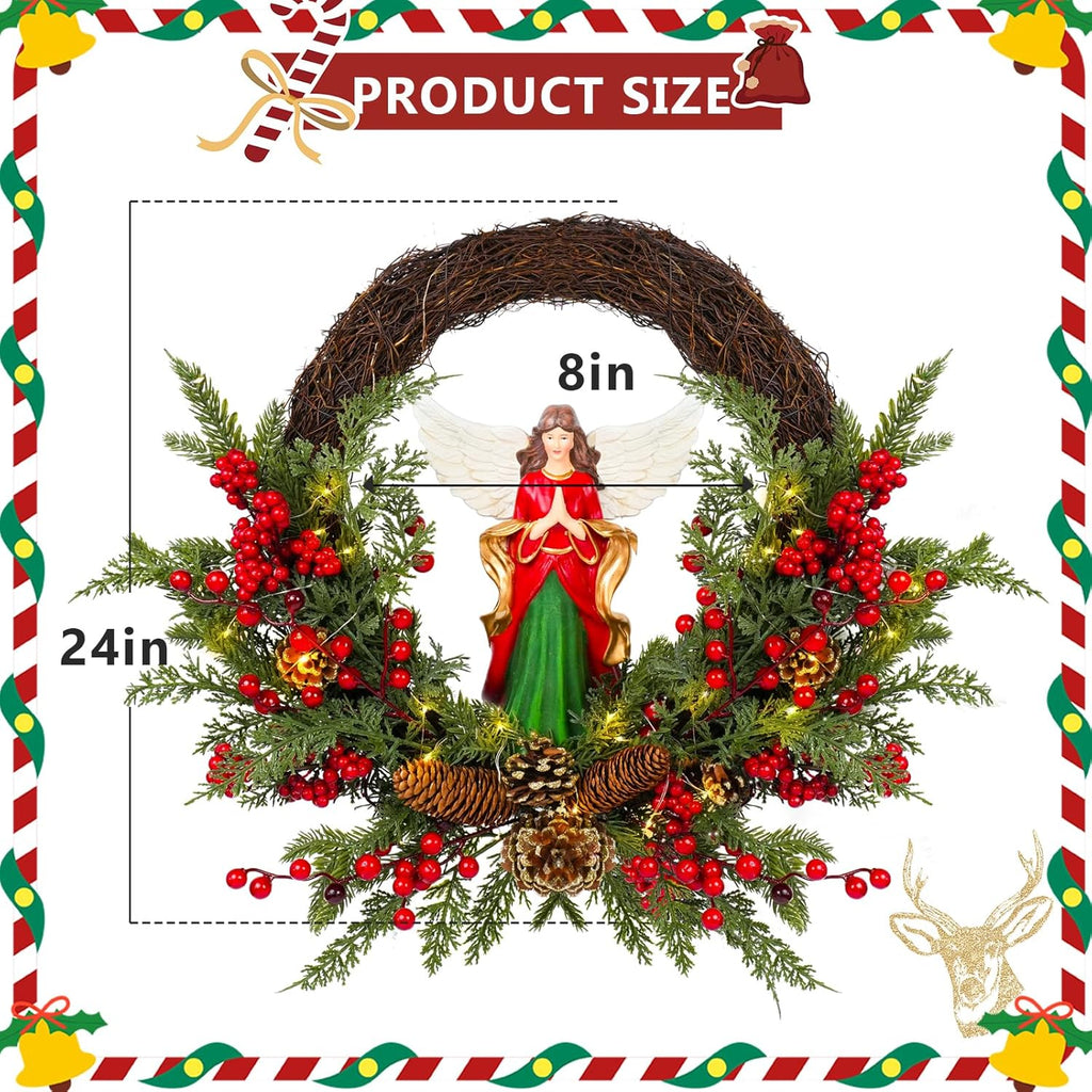 Christmas Wreath Artificial Wreath with a Natural Resin Angel and Red Berries, Suitable for Luxurious Indoor and Outdoor Home Decoration