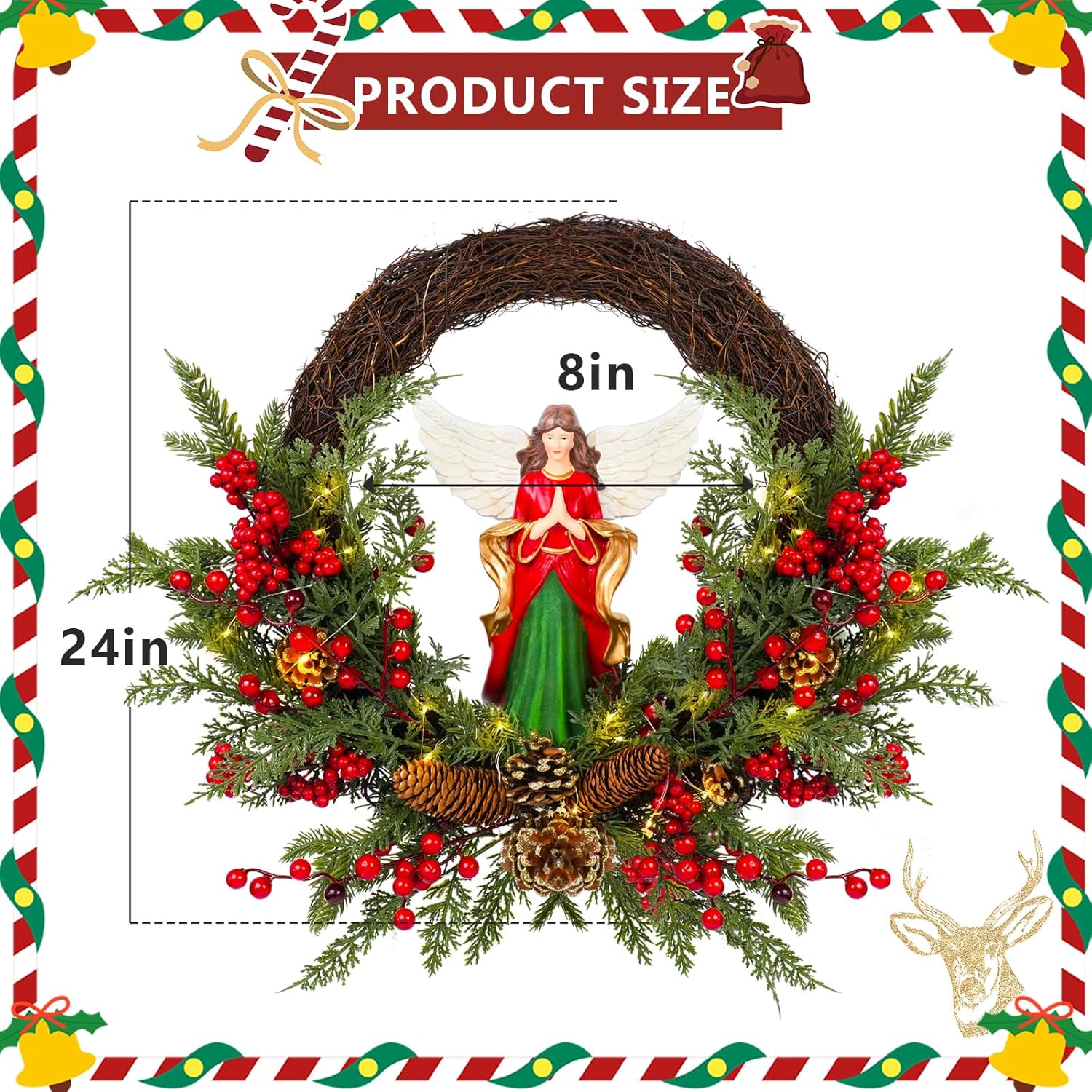 Christmas Wreath Artificial Wreath with a Natural Resin Angel and Red Berries, Suitable for Luxurious Indoor and Outdoor Home Decoration