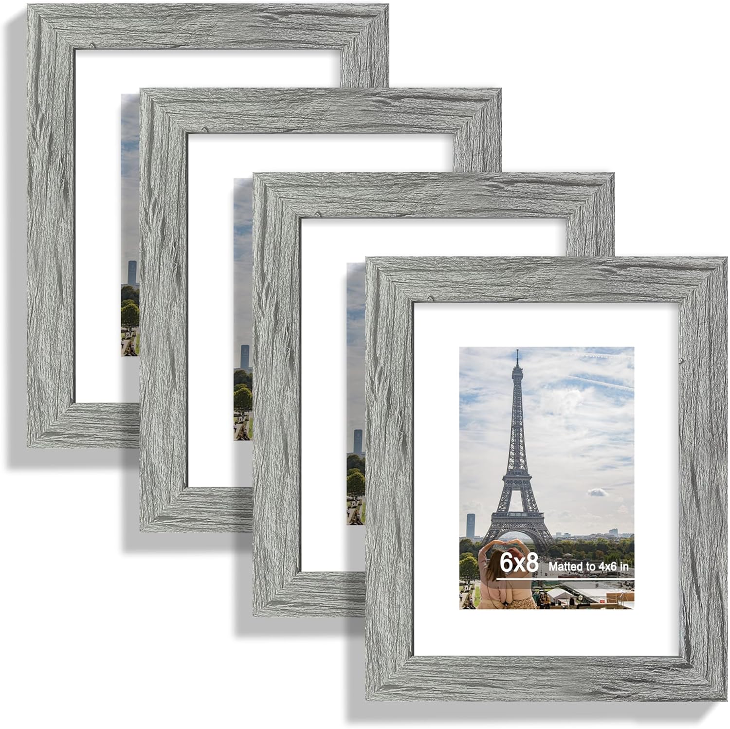 6x8 Picture Frame Set of 4, Made of Real Glass and Grey Frame - Display Picture 4x6 with Mat or 6x8 Without Mat, 6 by 8 Photo for Wall or Tabletop