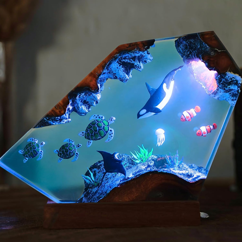 Ocean Resin Lamp – Marine Life Night Light with 16 Color LED, USB Powered Whale Shark & Turtle Desk Lamp with Wooden Base & Remote,Handmade Gift for Christmas, New Year