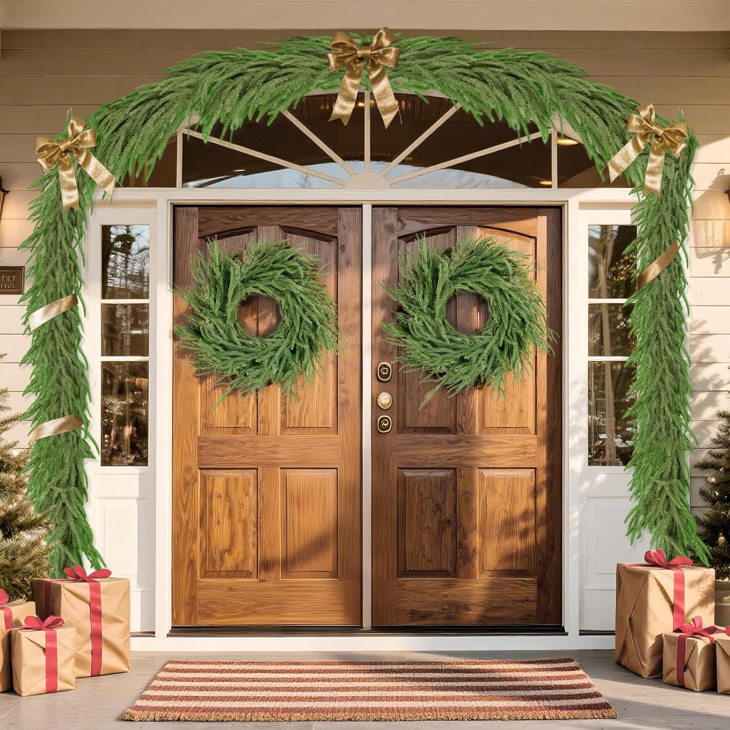2 Pcs 9 Ft Norfolk Pine Garland, Artificial Dense Christmas Garland Ornaments, Real Touch Greenery Garland for Fireplace, Stairs, Table, Mantle, Wall, Indoor, Outdoor Christmas Decorations