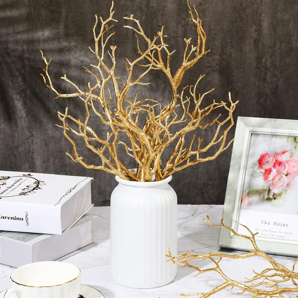 Geosar 13.8 Inch Small Manzanita Branches Plastic Faux Branches Artificial Antler Shaped Tree Branch Decorative Plant Twigs for Home Wedding Table Centerpiece Festival Decors(Glitter Gold,10 Pieces)