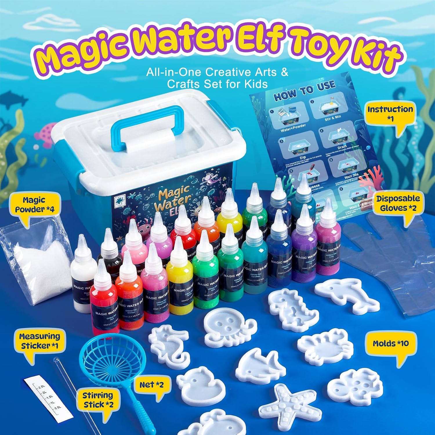 TMOL Magic Water Elf Toy Kit - 65ml Aqua Fairy Water Gel Kit for Kids with 20 Magic Gel & 10 Molds, Make Your Own Water Pets & Squishy Toys, Arts and Craft Kits for Kids Ages 8 9 10 Years Old