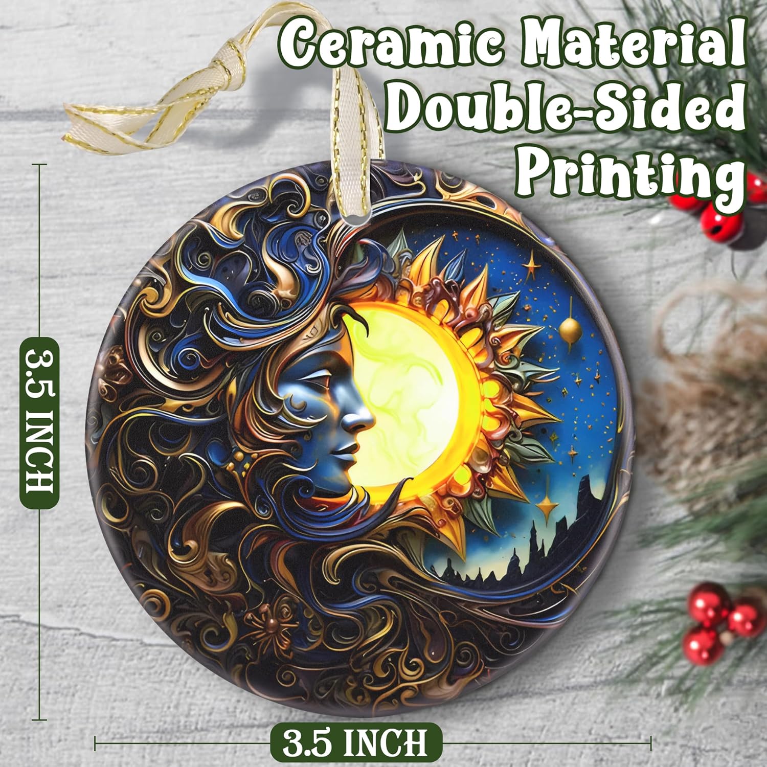 2025 Ornament, Christmas Ornaments, Round Ceramic, Christmas Decor, Holiday Ornament, Gift Idea, Gift Exchange, Gifts for Friends - Sun and Moon