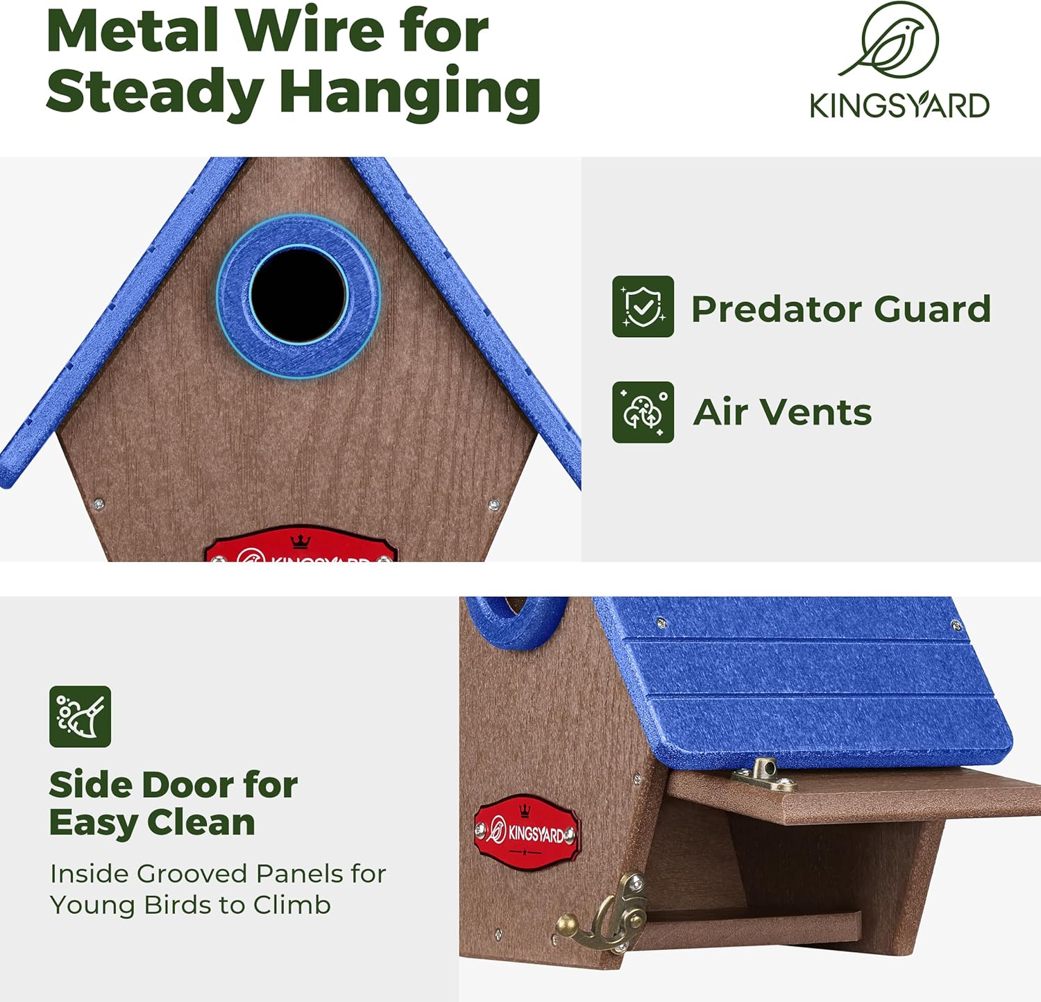 Kingsyard Recycled Plastic Bird House for Outdoors - Hanging Nesting Box with Predator Guard & Air Vents for Wren Finch Chickadee, Blue