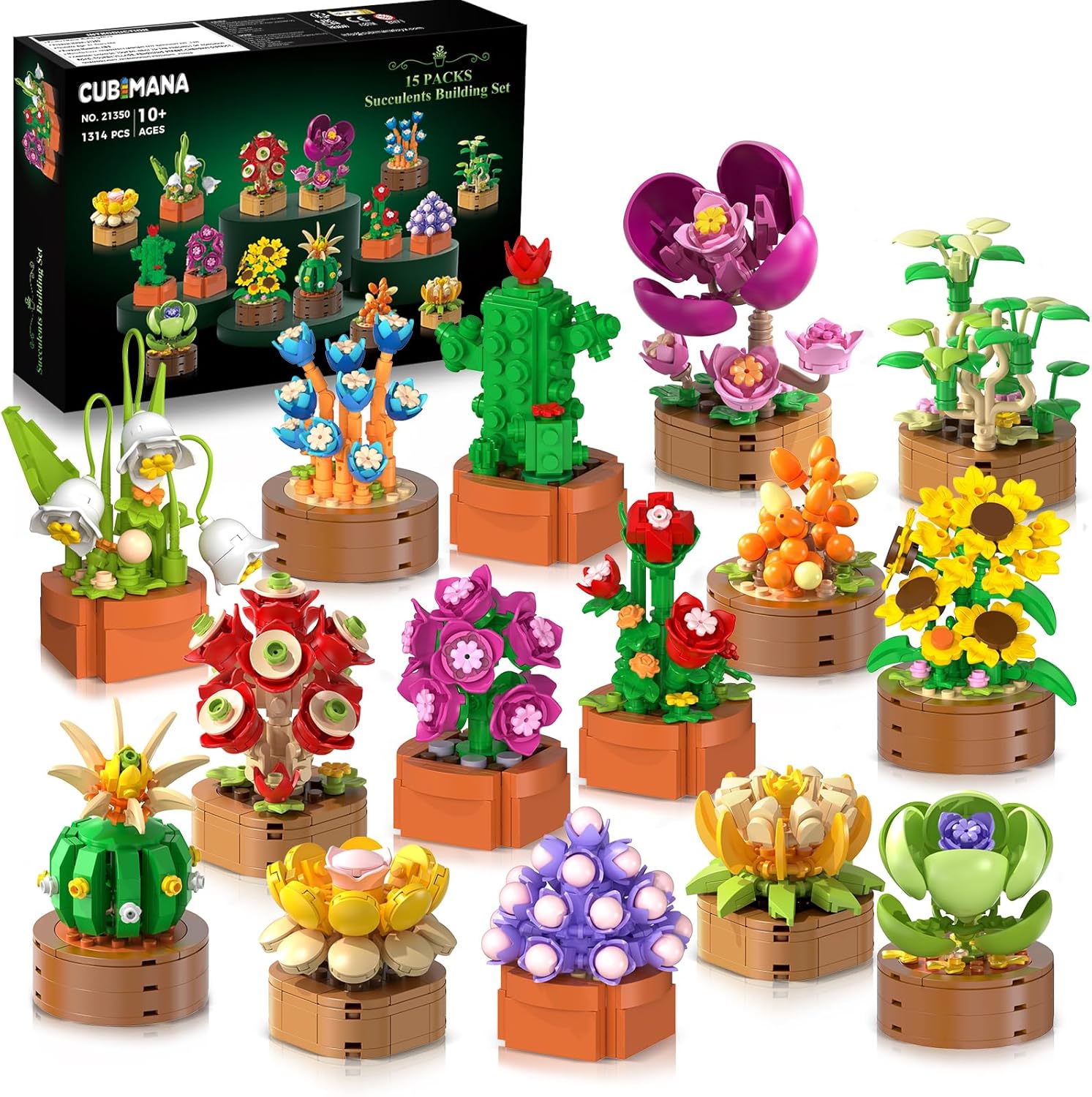 15 Pack Flowers Plants Mini Building Sets - 1314PCS 3.6MM Flower Succulents Botanical Collection for Home Office Décor Block Toy, Party Favors for Christmas Birthday Gift Adults Kids Girl 10+
