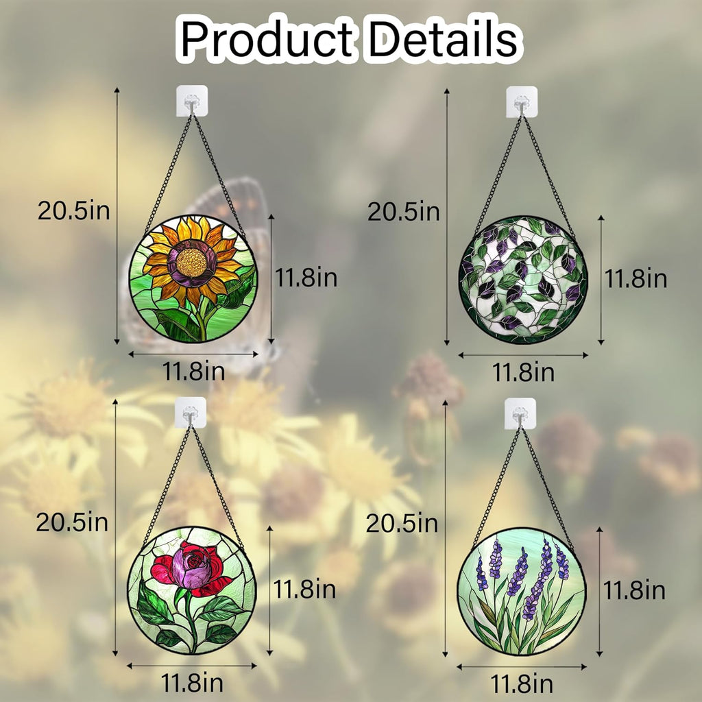 Stained Glass Window Hanging 4 Pcs Set Red Roses Yellow Sunflowers Large 11.8" - Flower Suncatcher Door Garden Sun Catcher Decor Birthday Mother's Day for Mom Woman Nana Girl